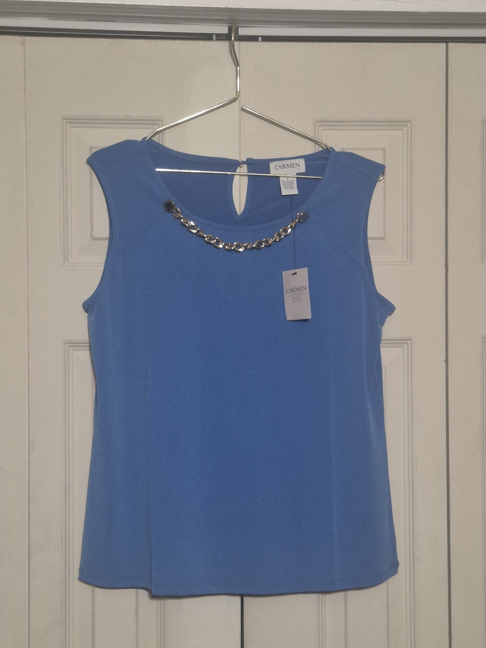 Carmen Marc Valvo Blue Sleeveless Jewel-Embellished Top